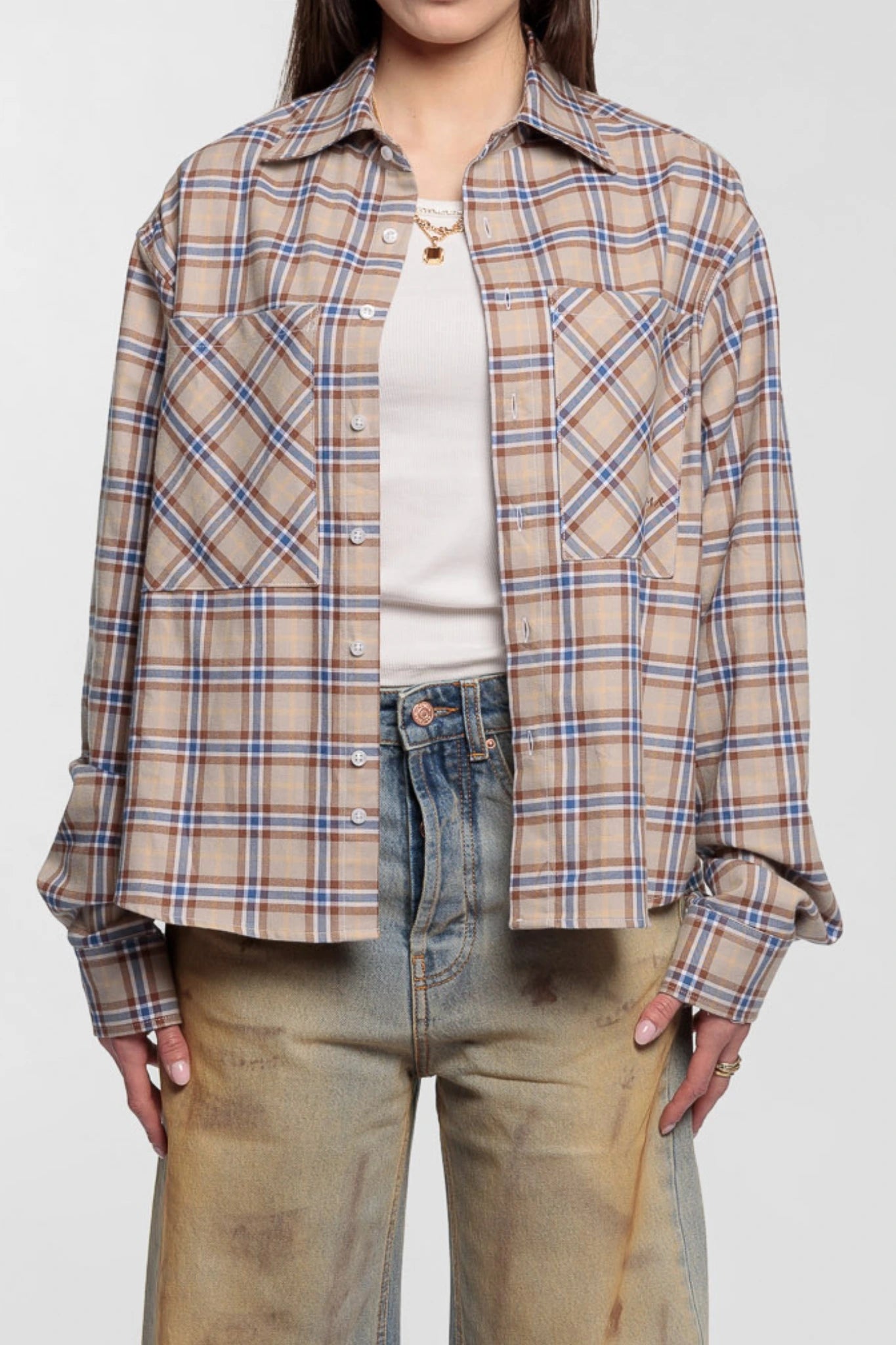 Beige Cropped Check Shirt