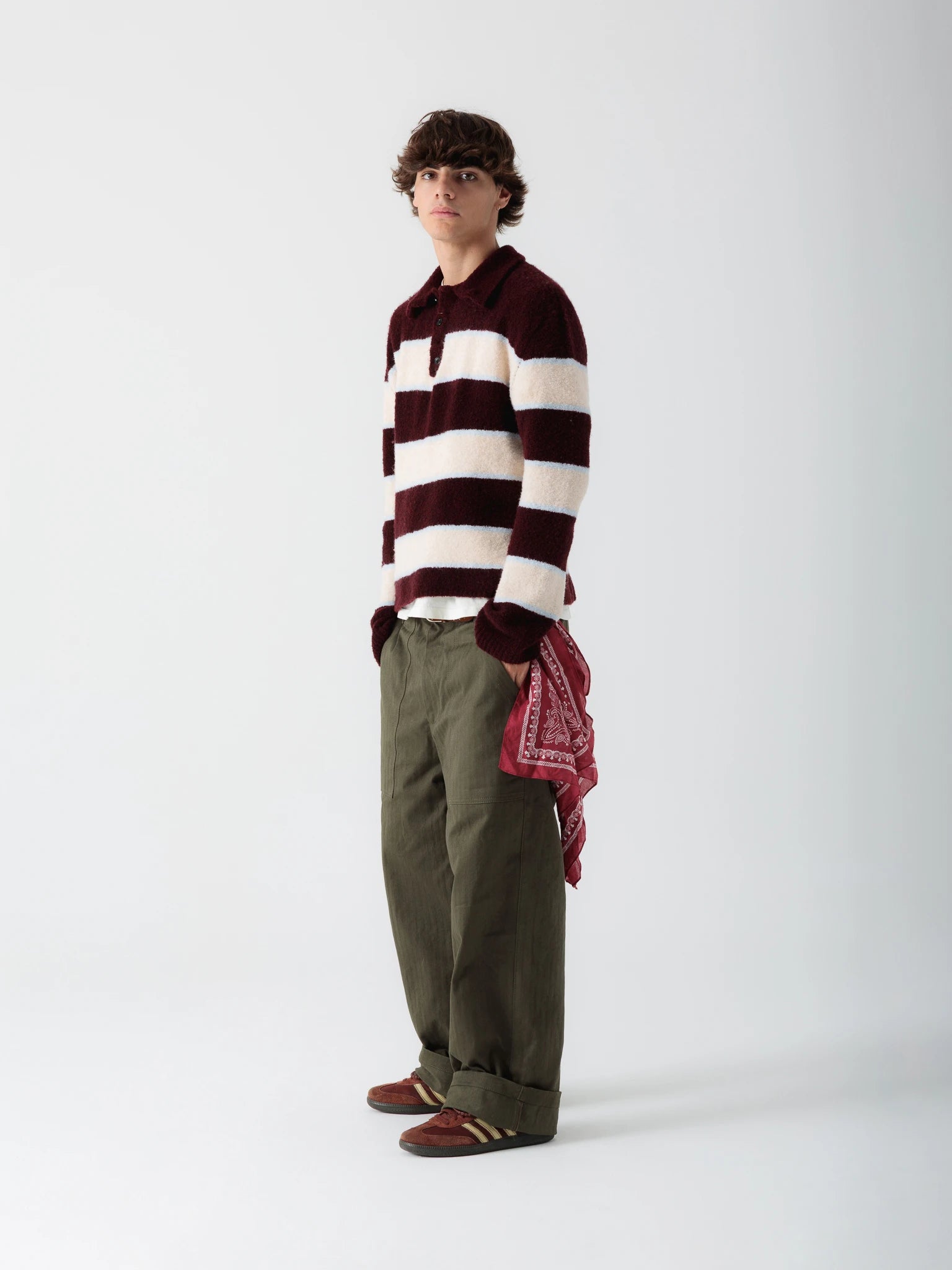 Long-sleeved bouclé polo cropped