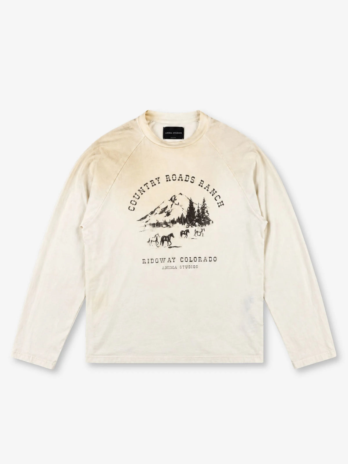 Country Roads Longsleeve Anima Studios in jersey di cotone biologico con stampa waterprint, fronte