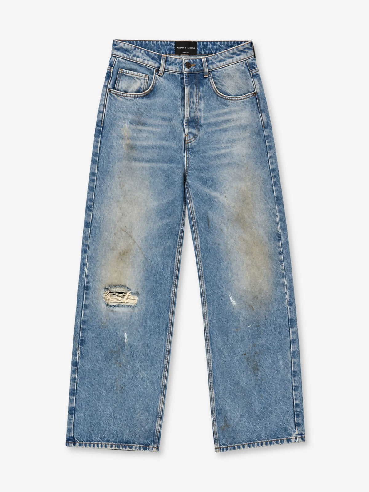 Dust Washed Denim Anima Studios, jeans cinque tasche in denim 14 once lavaggio Dust, fronte