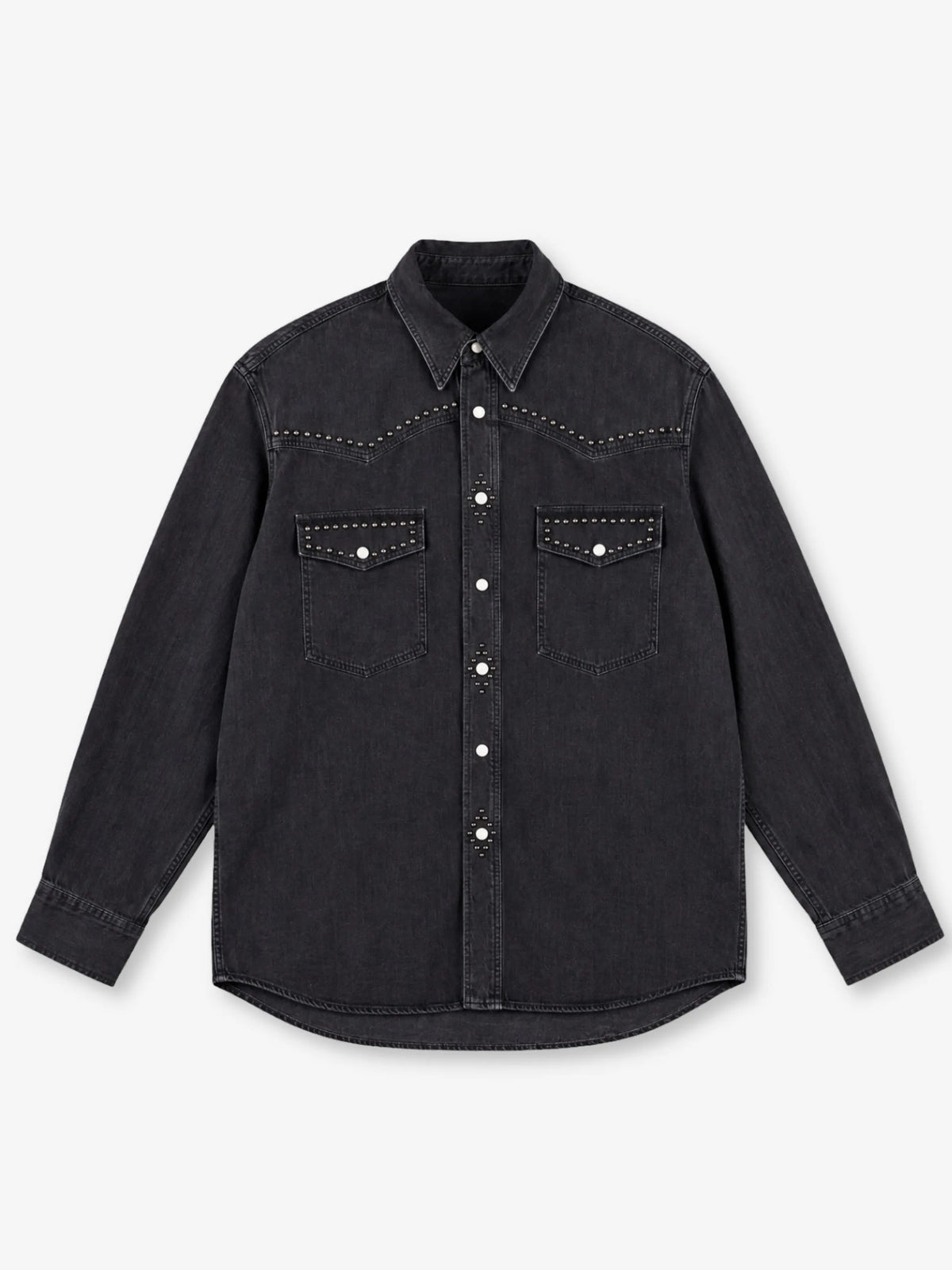 Studded Denim Overshirt Anima Studios in denim nero con borchie canna di fucile, fronte