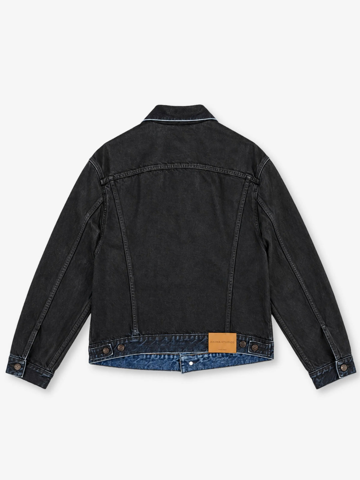 Waxed Denim Jacket Anima Studios, giubbino in denim nero 14 once con finitura cerata, retro