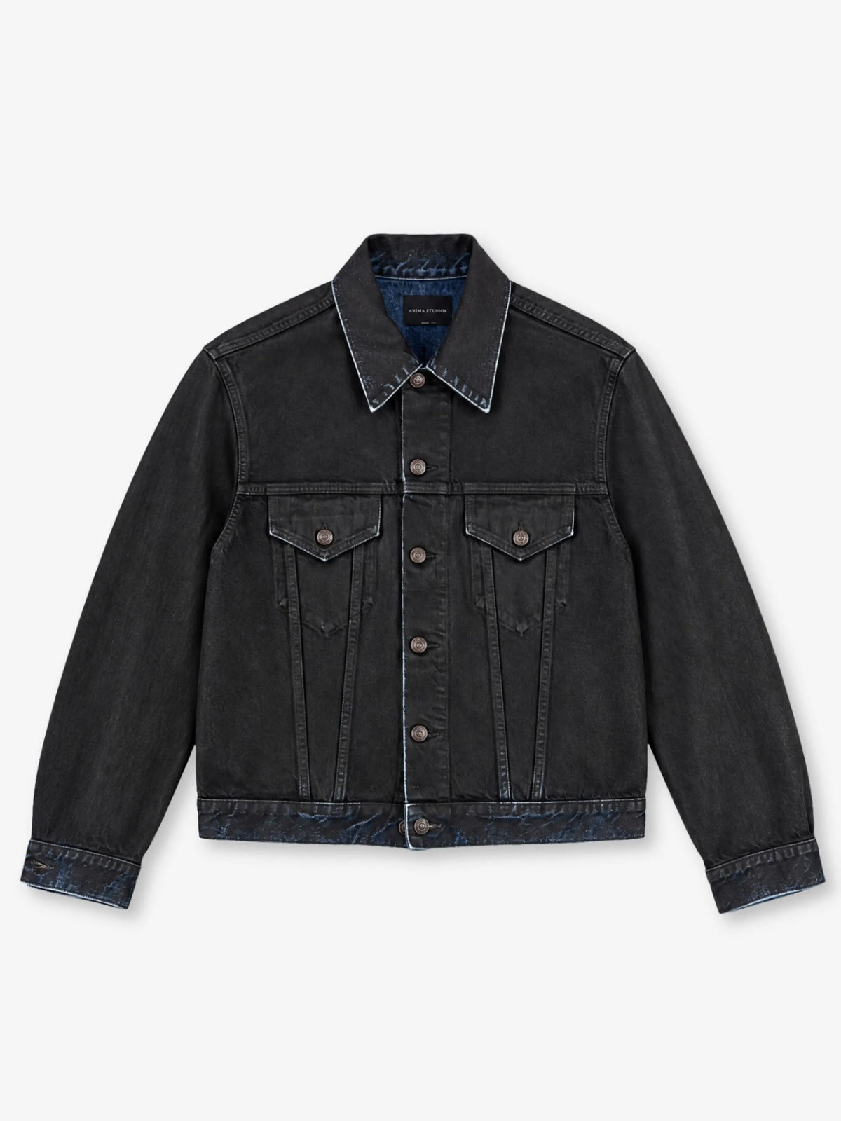 Waxed Denim Jacket Anima Studios, giubbino in denim nero 14 once con finitura cerata, fronte