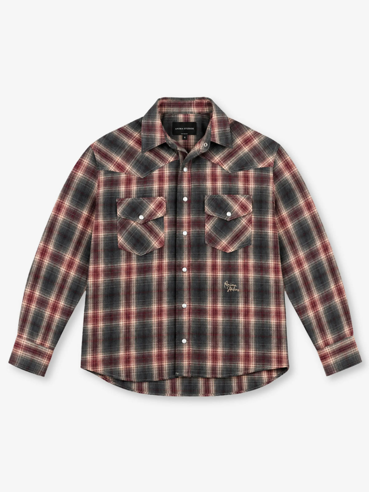 Western Flannel Overshirt Anima Studios in flanella garzata rossa con carré western, fronte