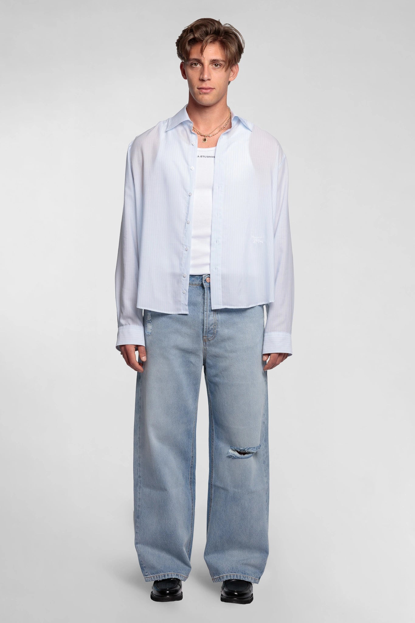 Blue Cropped Shirt White Stripes