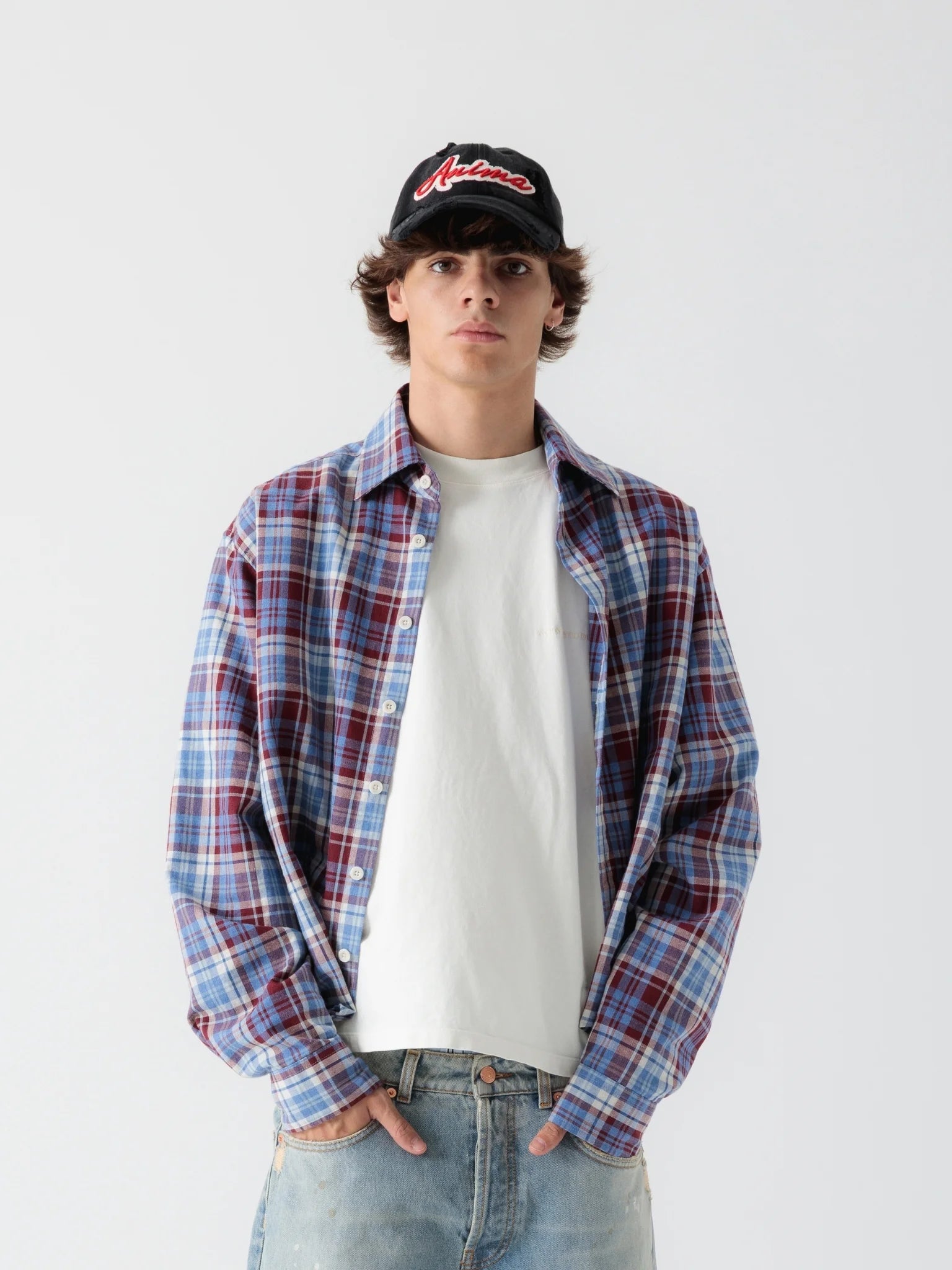 Red-Blue Cropped Checked Shirt