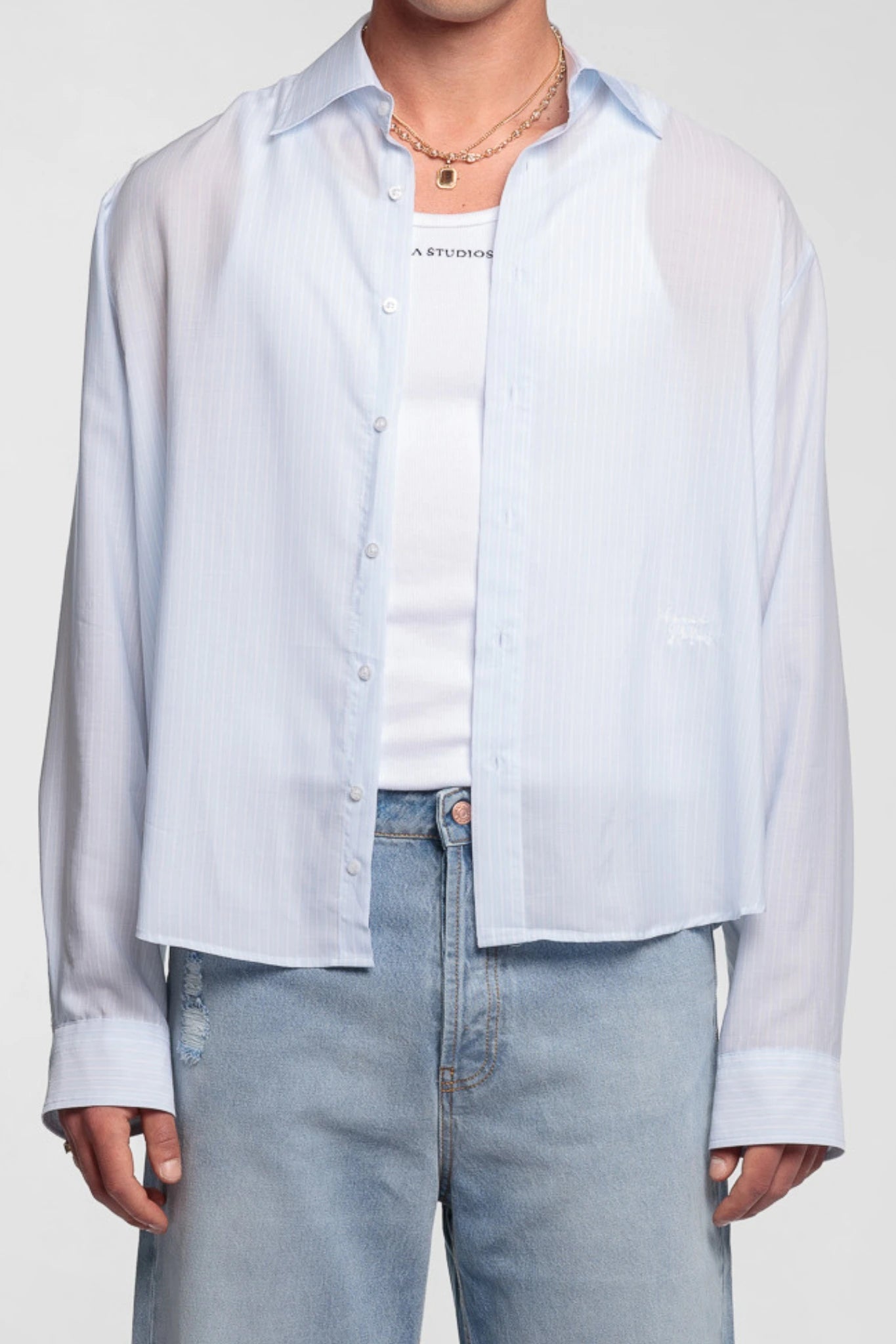 Blue Cropped Shirt White Stripes