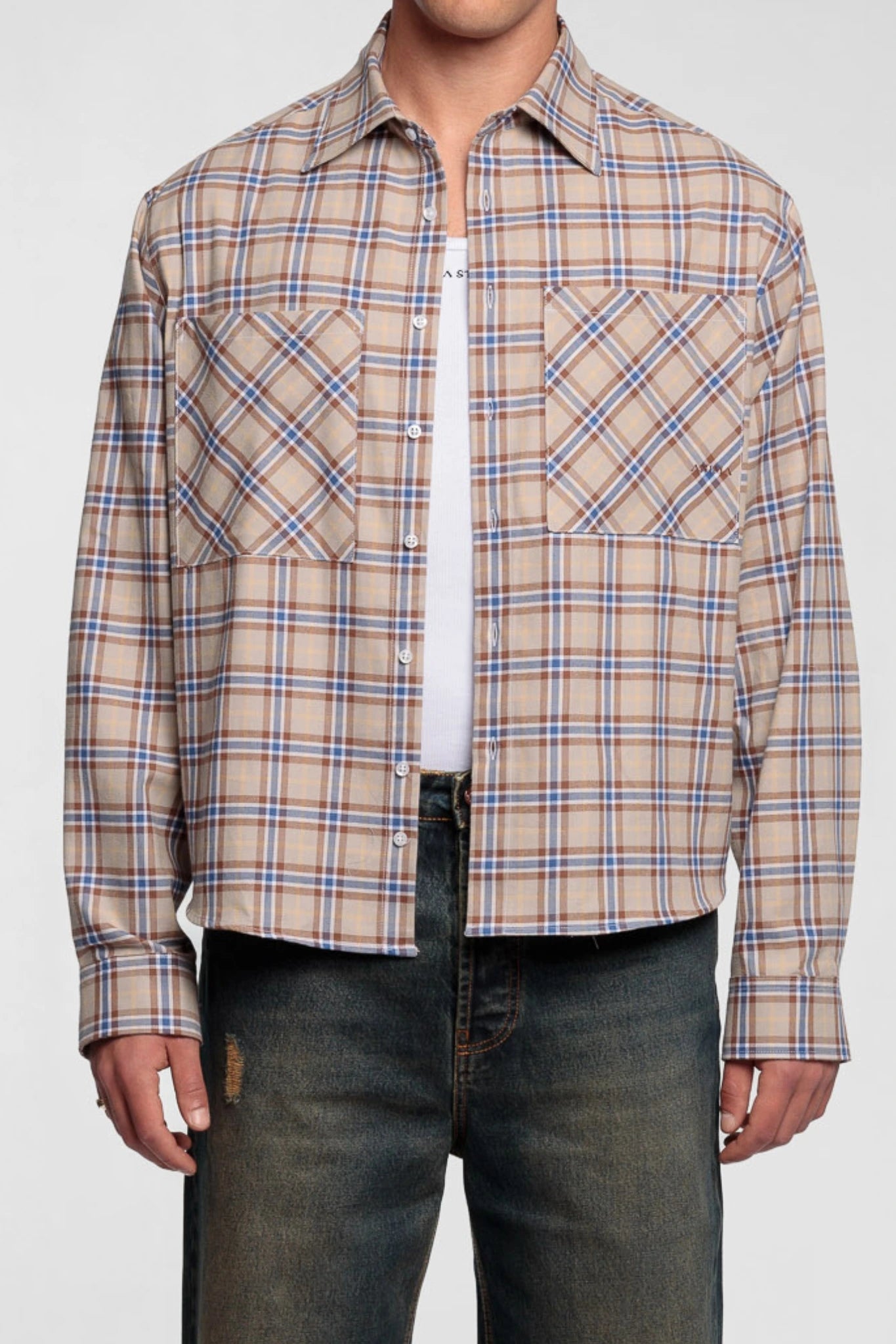 Beige Cropped Check Shirt
