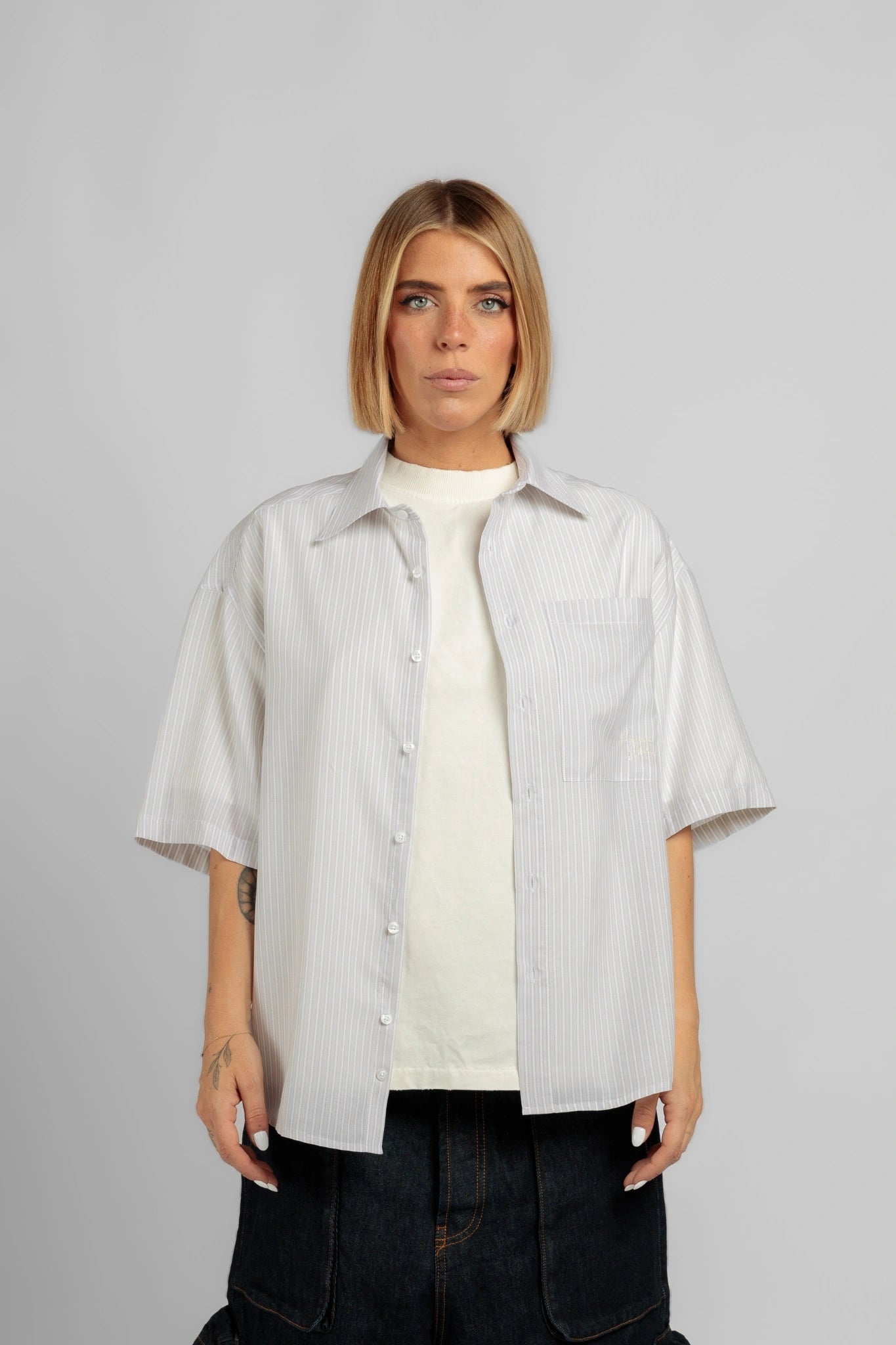 Camicia Beige a Righe Manica Corta