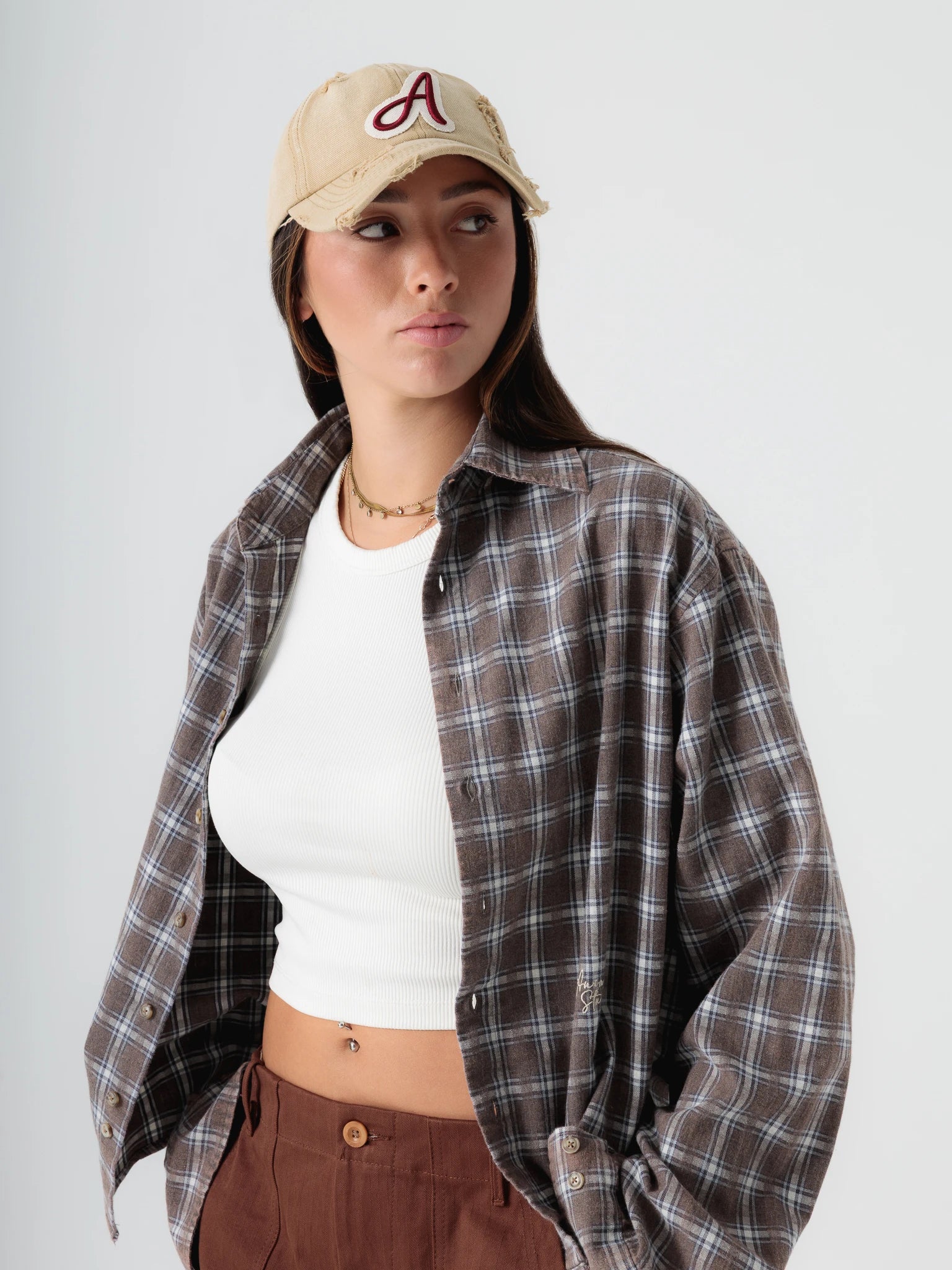 Brown Cropped Checked Shirt