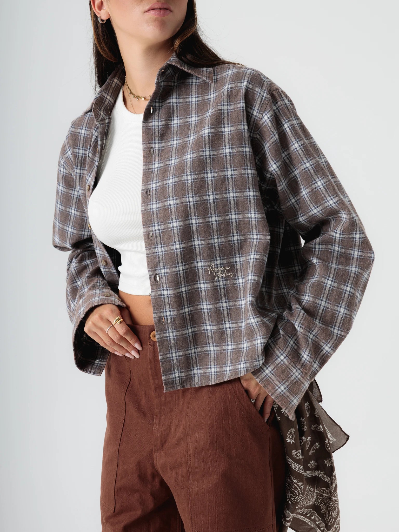 Brown Cropped Checked Shirt