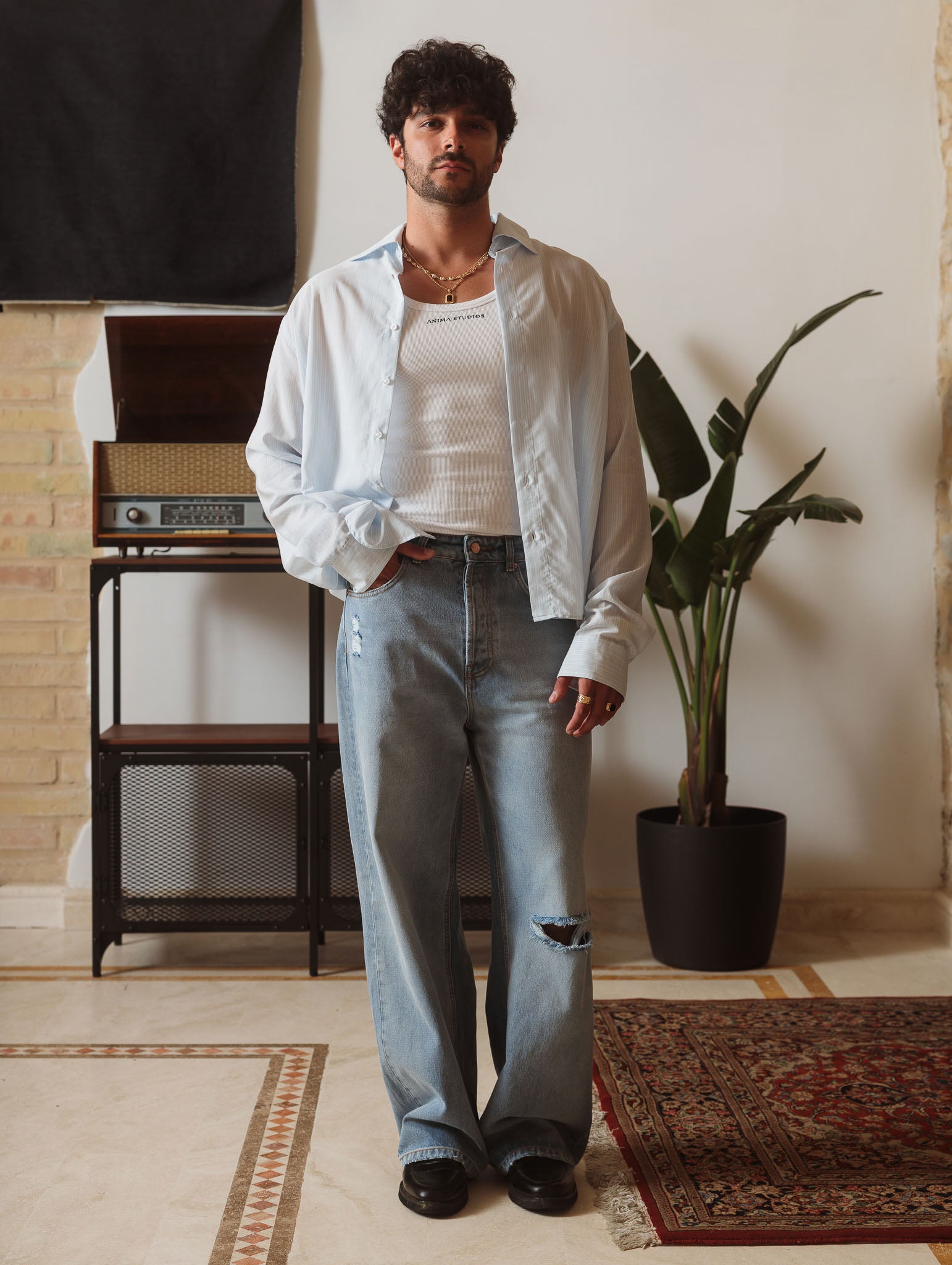 Blue Cropped Shirt White Stripes