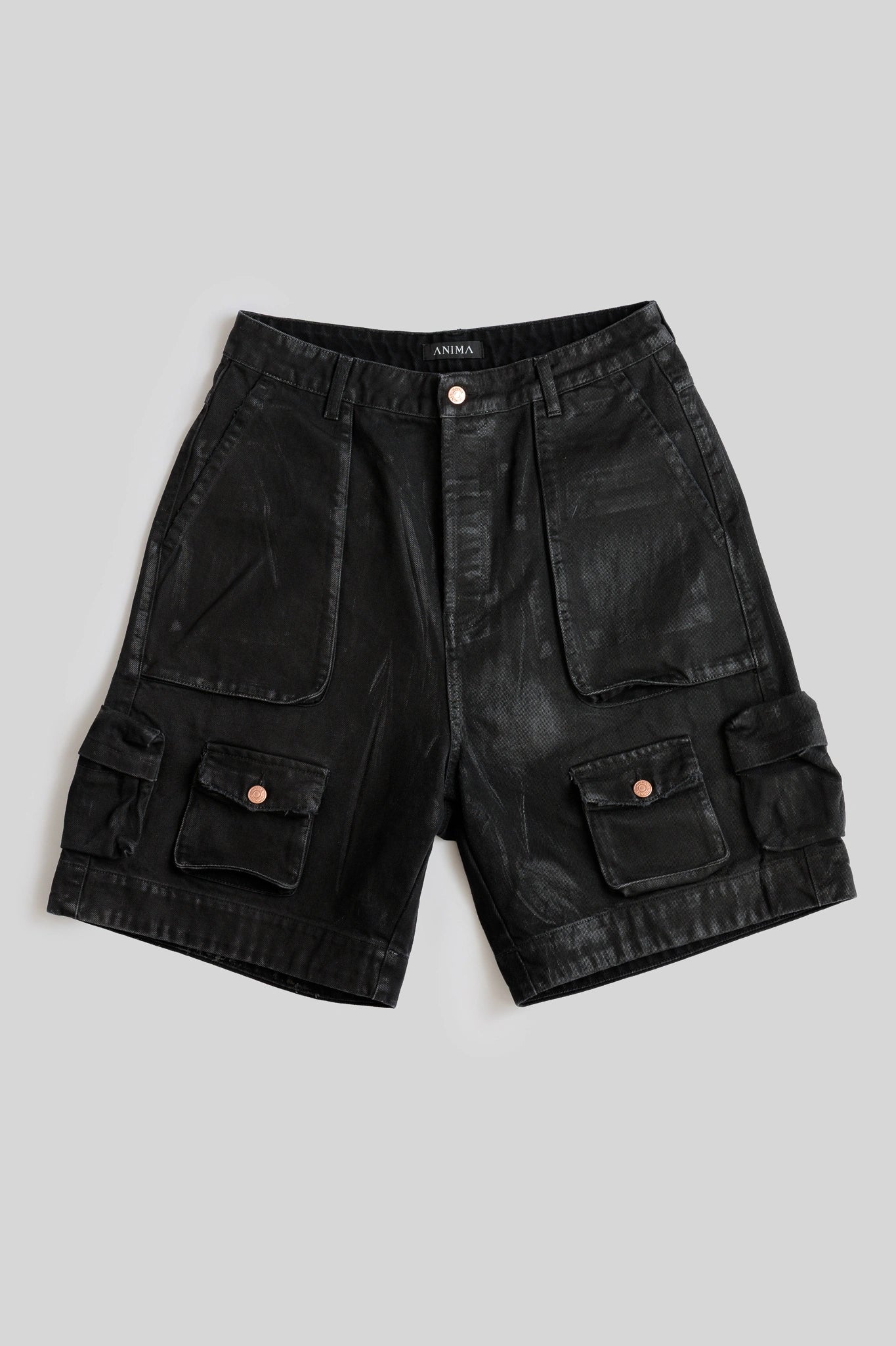 Black Mylar Cargo Shorts