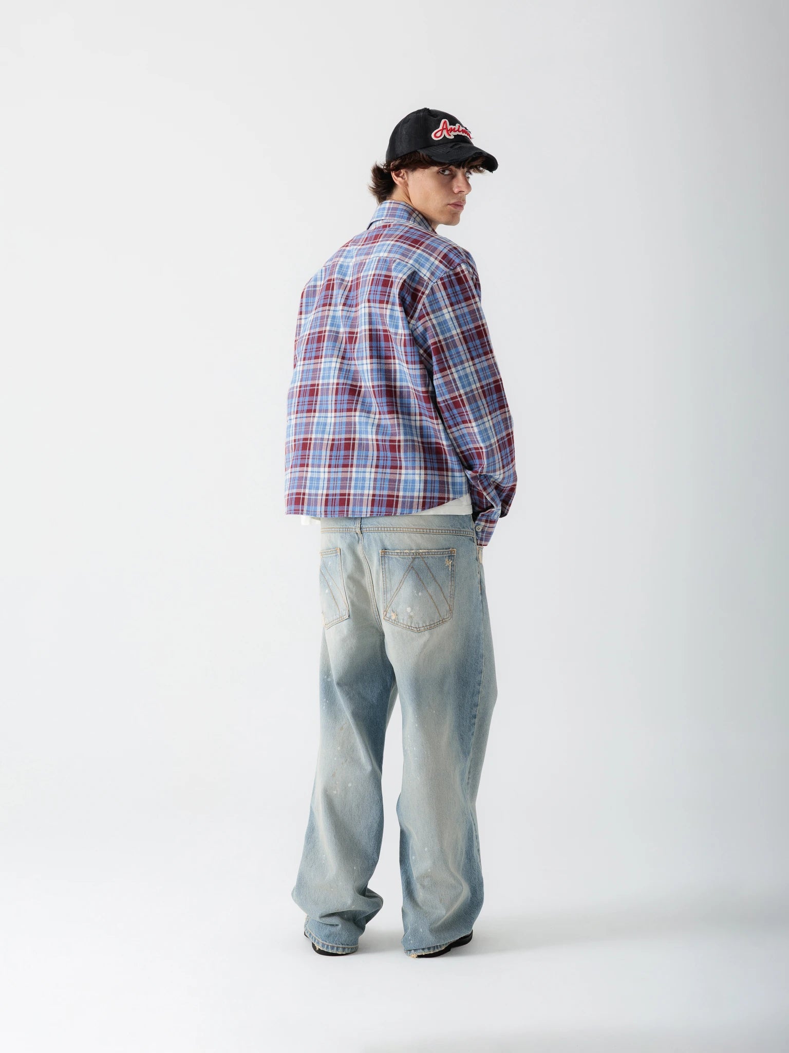 Red-Blue Cropped Checked Shirt