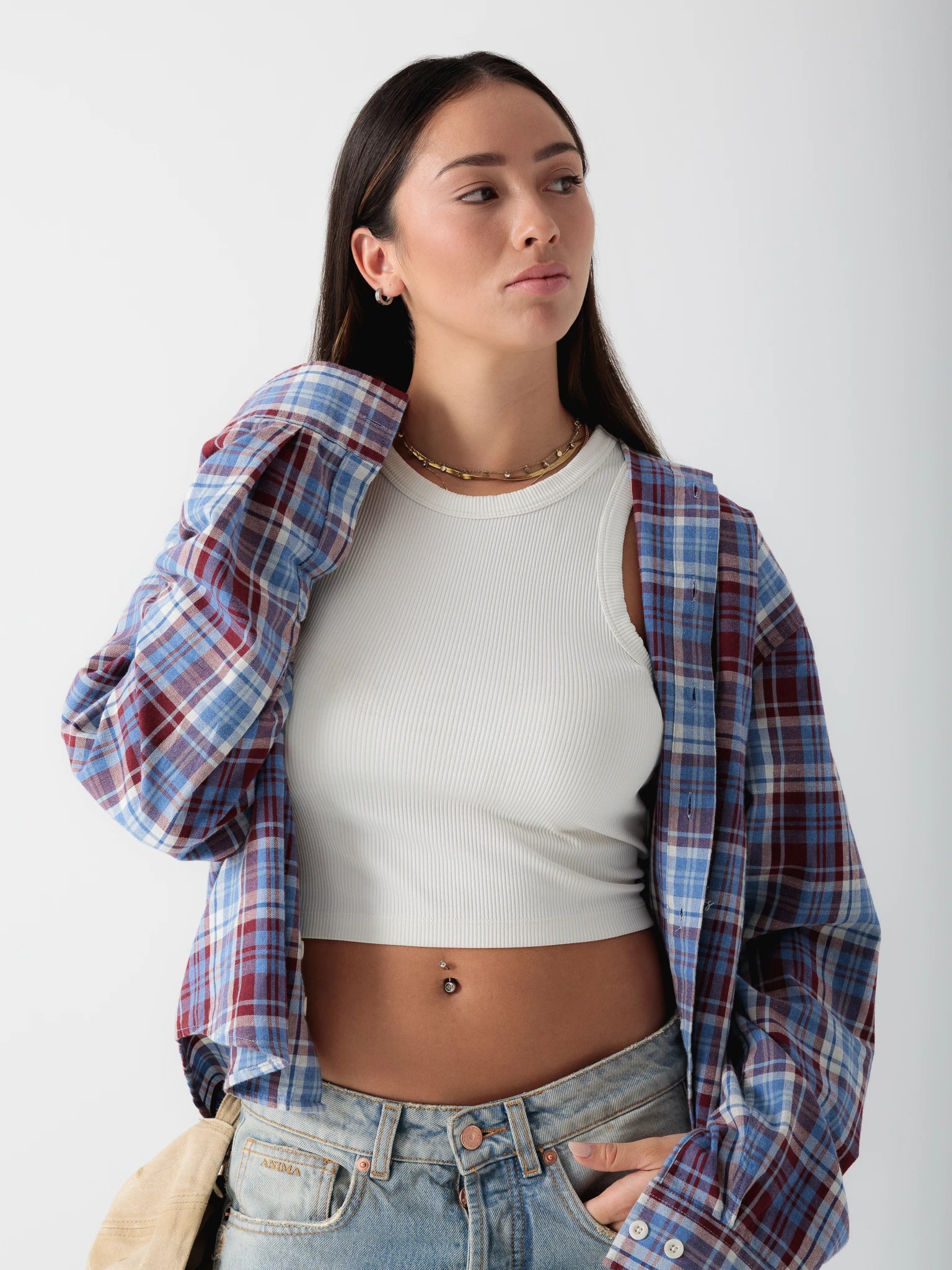 Red-Blue Cropped Checked Shirt