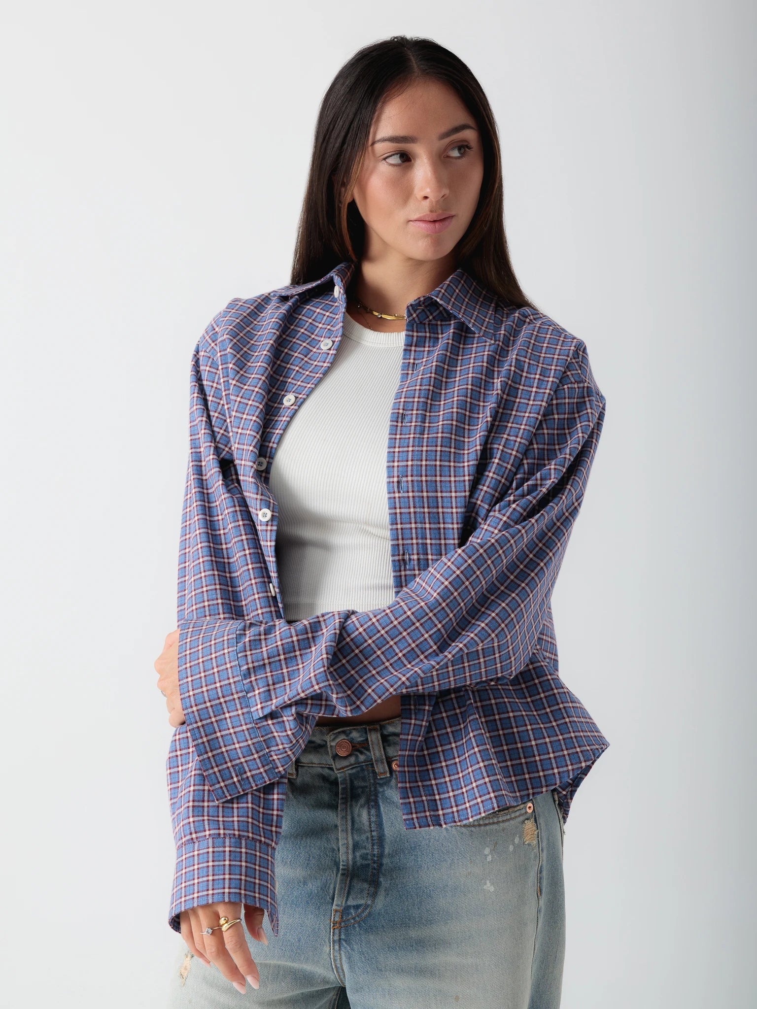 Blue Cropped Checked Shirt
