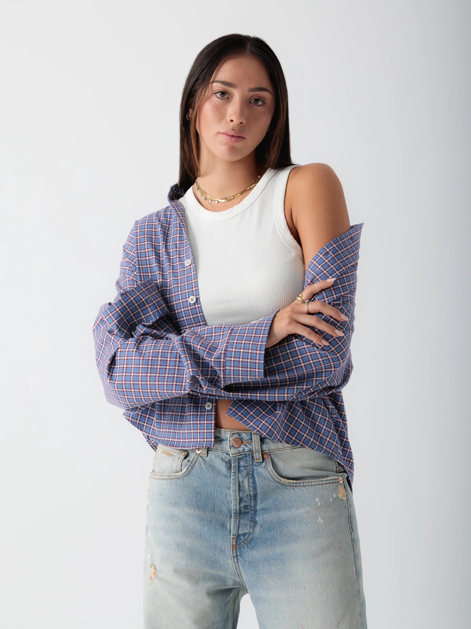 Blue Cropped Checked Shirt