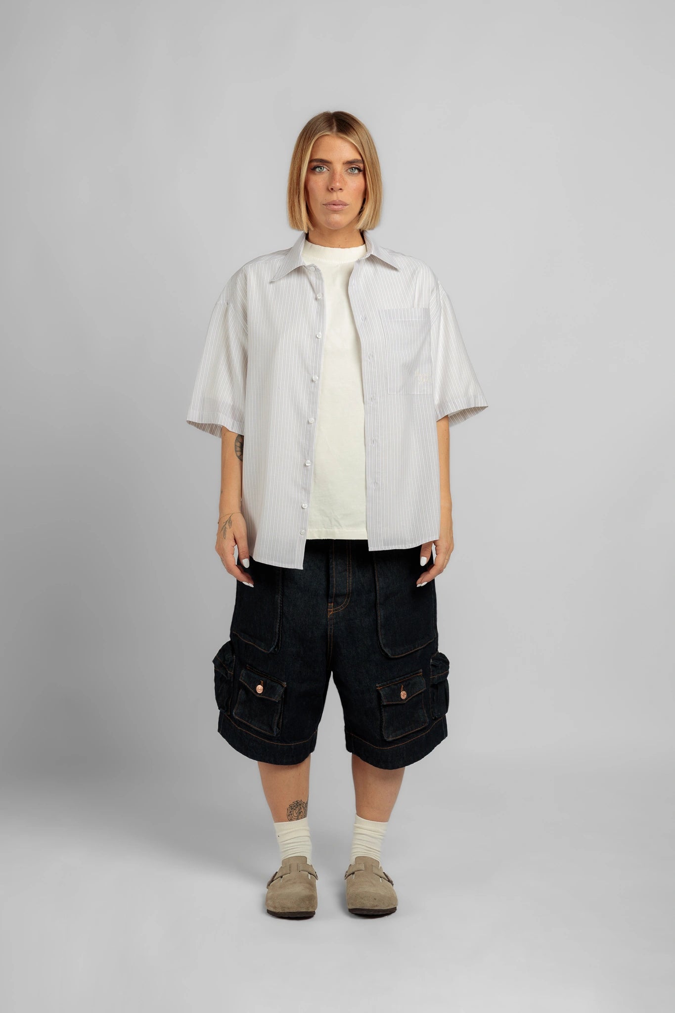 Camicia Beige a Righe Manica Corta