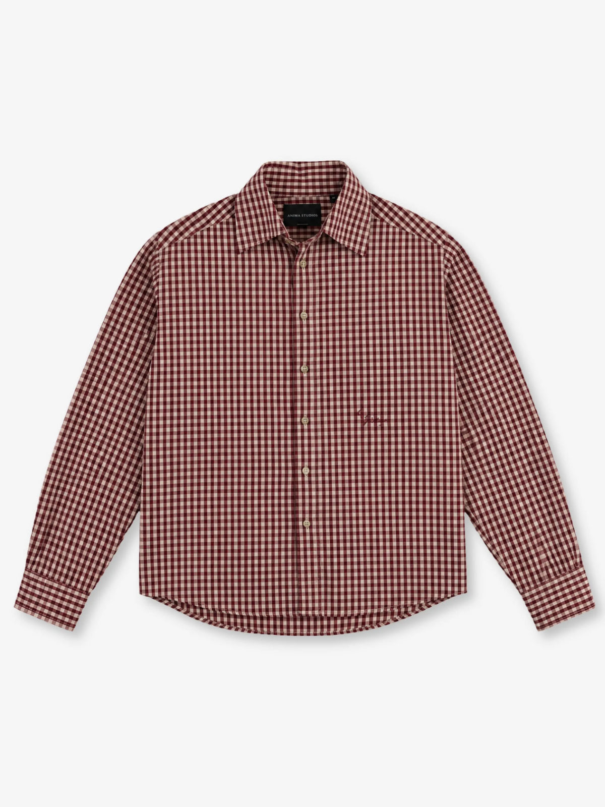 Check Shirt Anima Studios in popeline di cotone, quadretto piccolo bordeaux, fronte