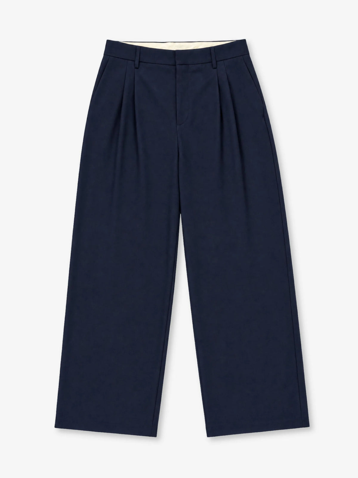 Double-Pleated Trousers Anima Studios in tessuto misto lana blu navy, vestibilità ampia, fronte