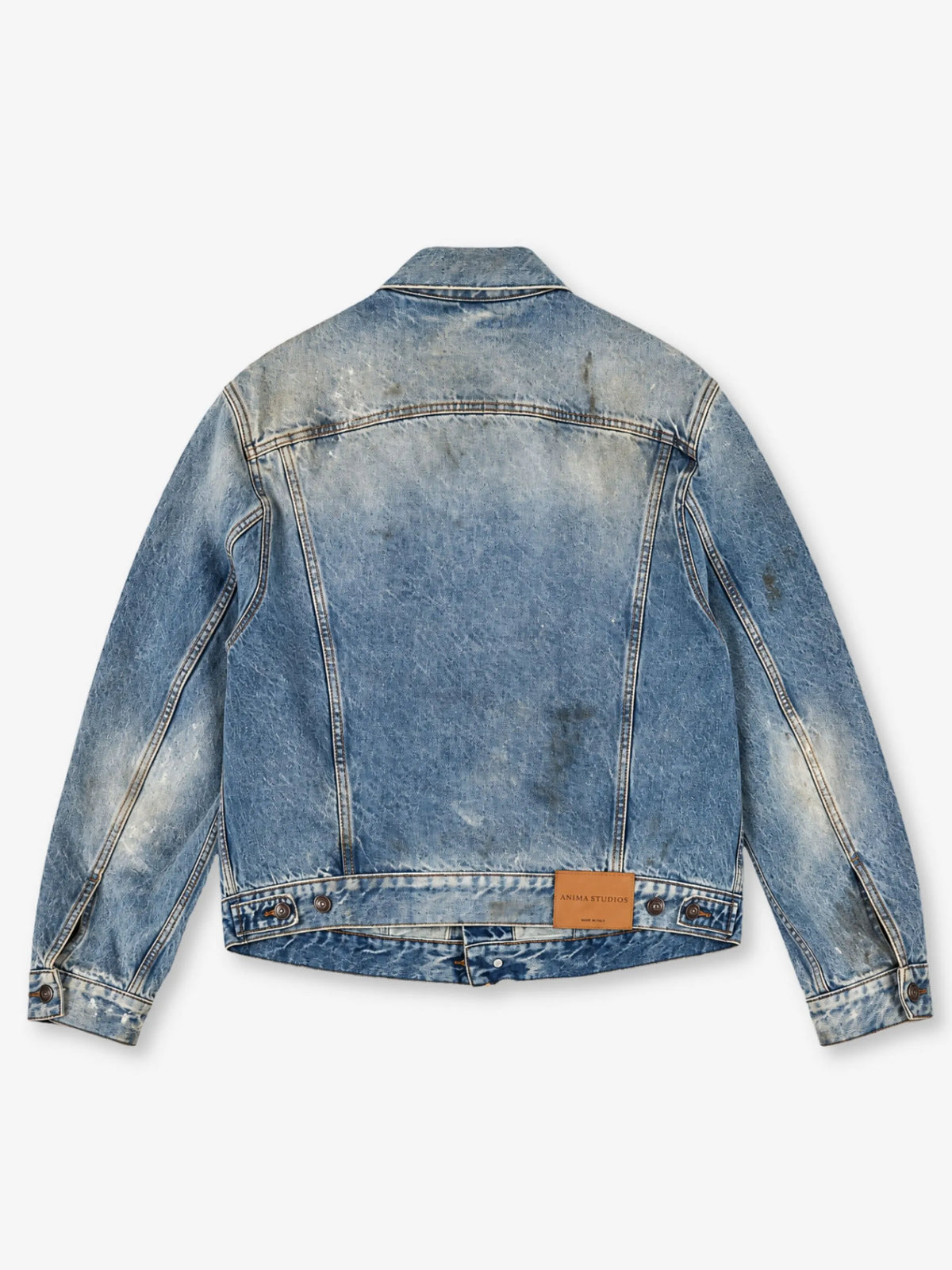 Dust Washed Denim Jacket Anima Studios, giubbino in denim 14 once lavorato a mano, retro