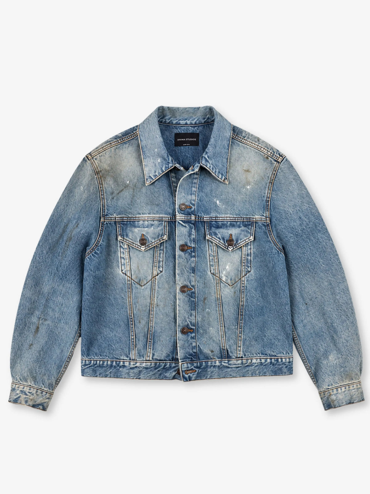 Dust Washed Denim Jacket Anima Studios, giubbino in denim 14 once lavorato a mano, fronte