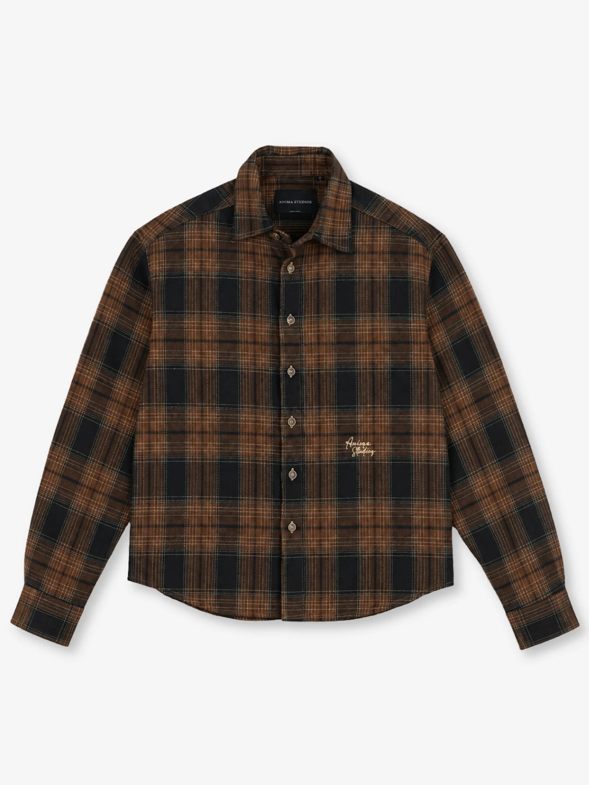 Flannel Shirt Anima Studios in flanella garzata, quadro medio marrone, fronte