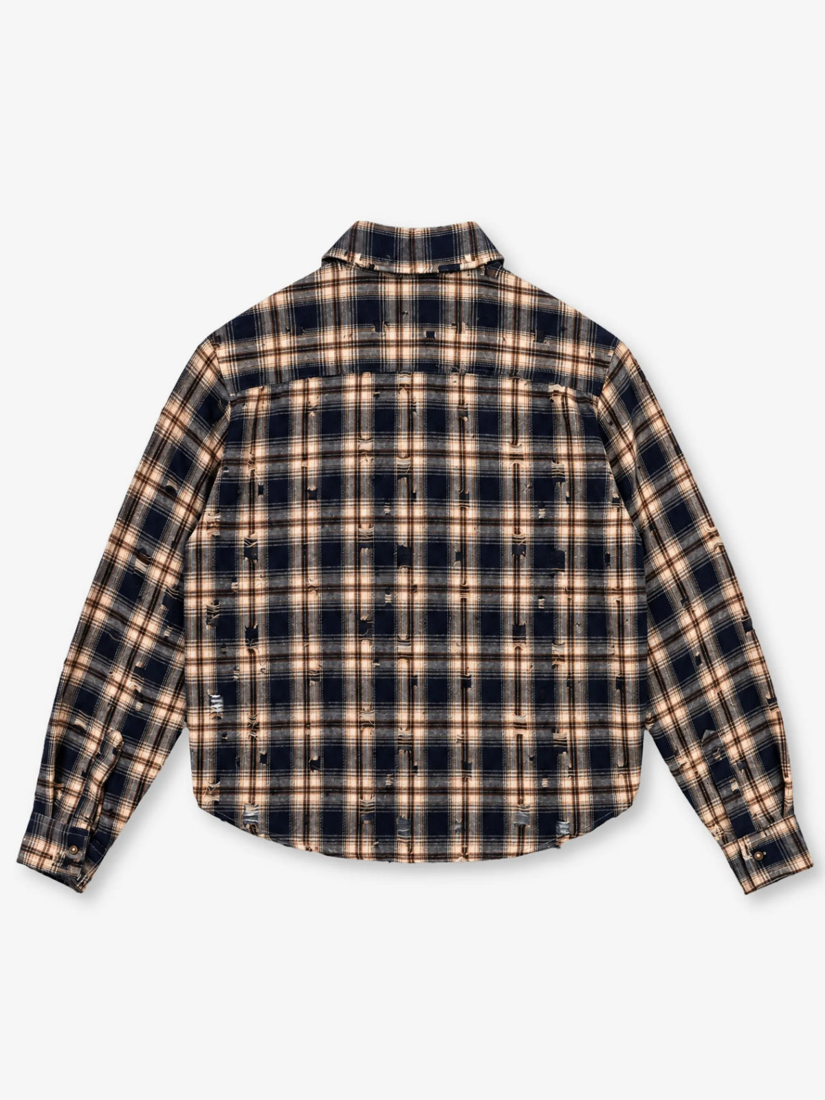 Flannel Shirt Anima Studios in flanella garzata blu navy con strappi e abrasioni a mano, retro