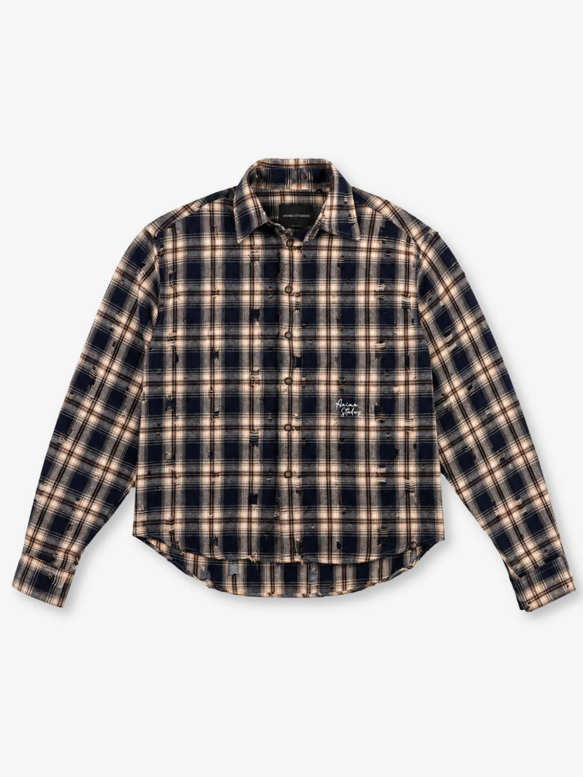 Flannel Shirt Anima Studios in flanella garzata blu navy con strappi e abrasioni a mano, fronte
