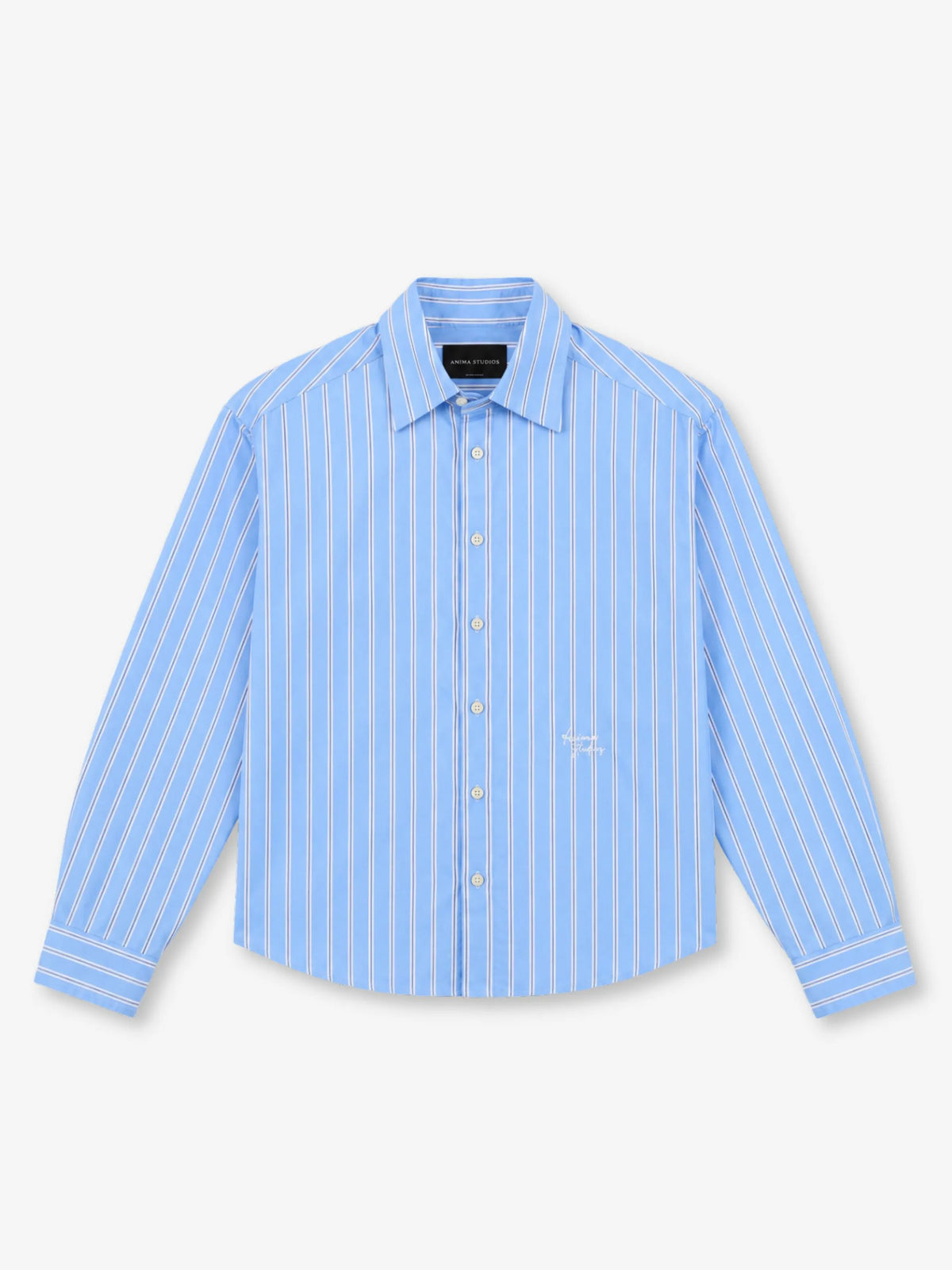 Stripe Shirt Anima Studios in popeline di cotone, riga bianca su fondo azzurro, fronte