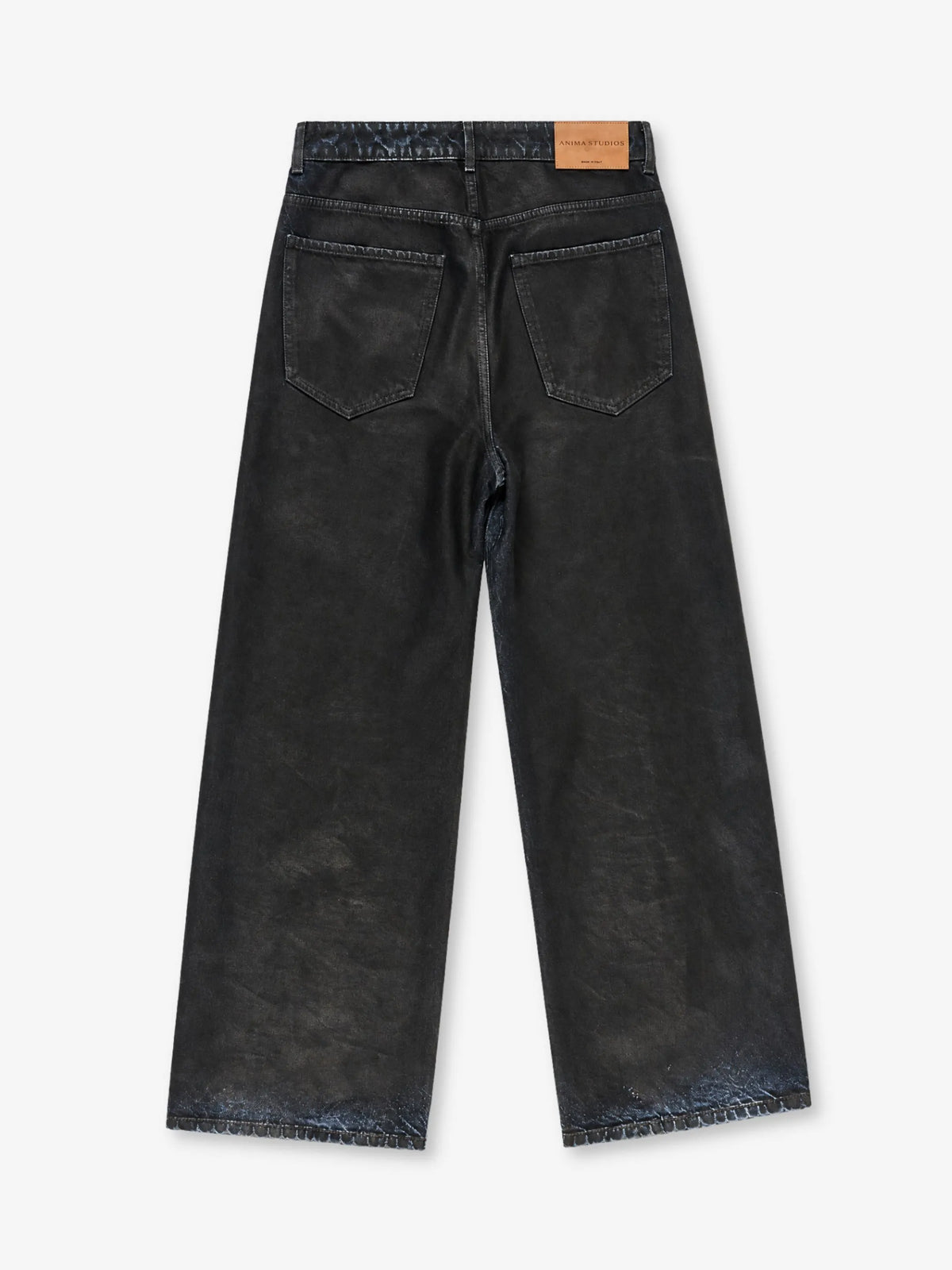 Waxed Denim Anima Studios, jeans cinque tasche in denim nero 14 once con finitura cerata, retro