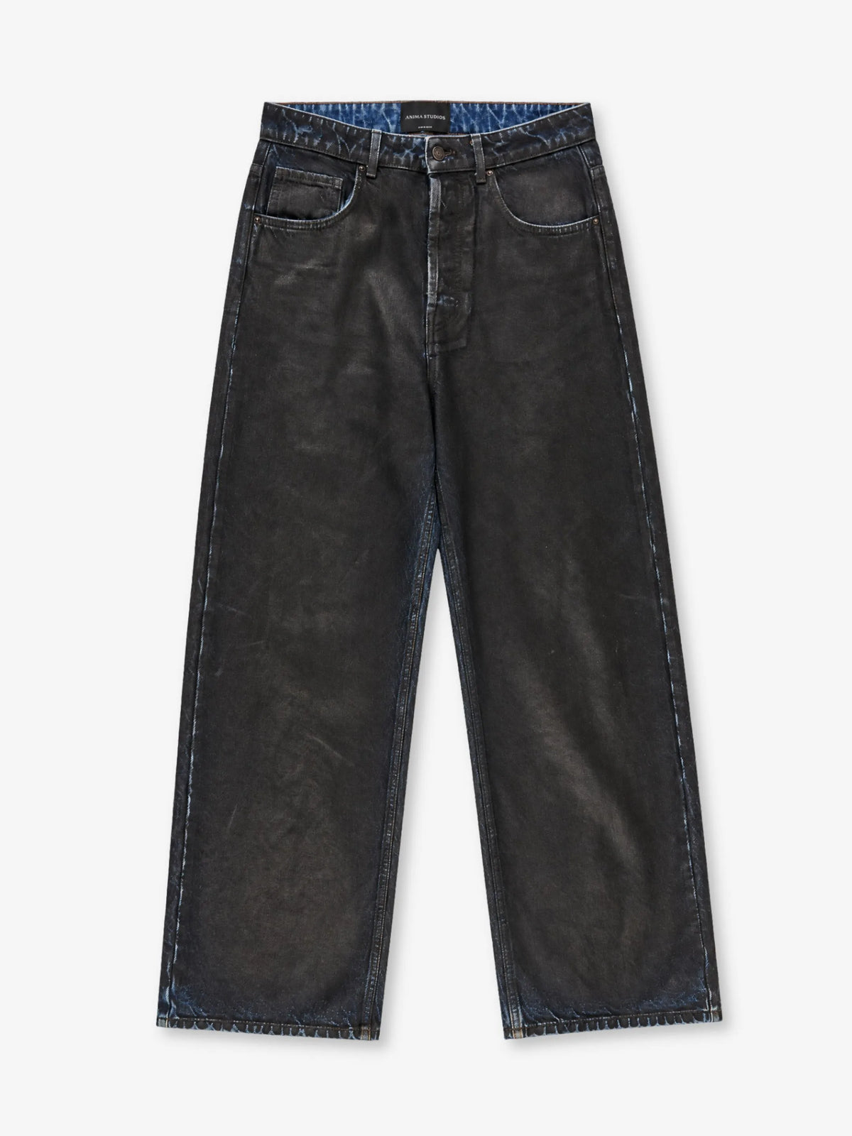 Waxed Denim Anima Studios, jeans cinque tasche in denim nero 14 once con finitura cerata, fronte