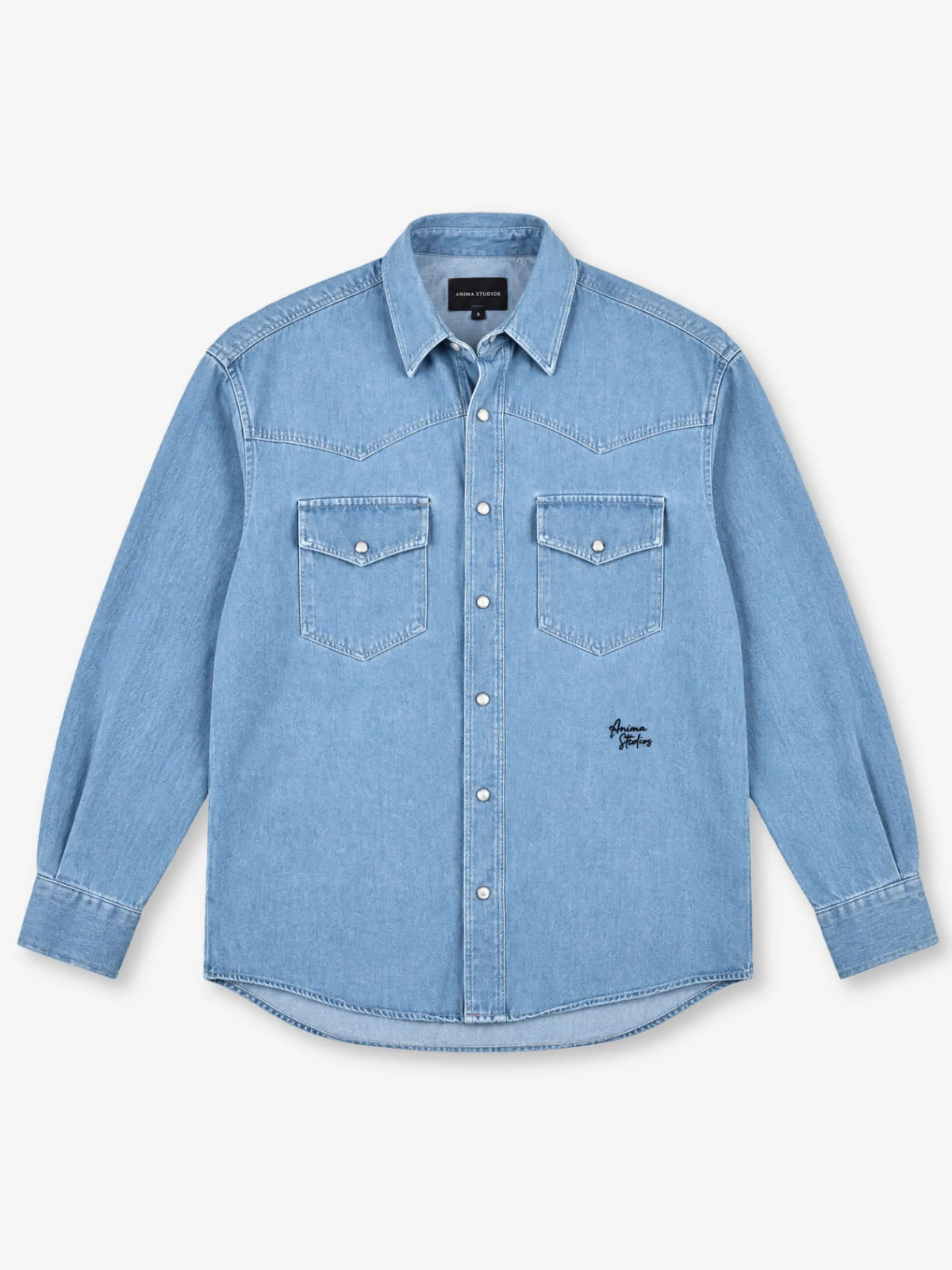 Western Denim Overshirt Anima Studios in denim azzurro chiaro con carré western, fronte