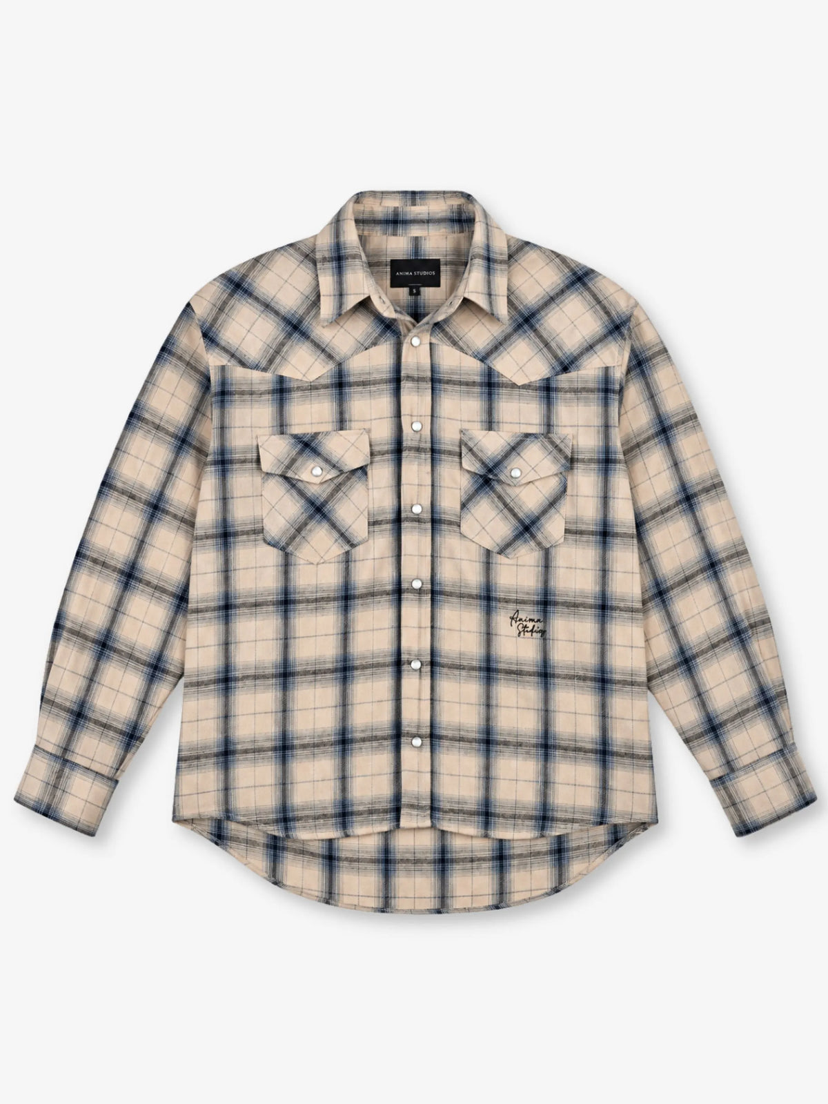Western Flannel Overshirt Anima Studios in flanella garzata beige con carré western, fronte
