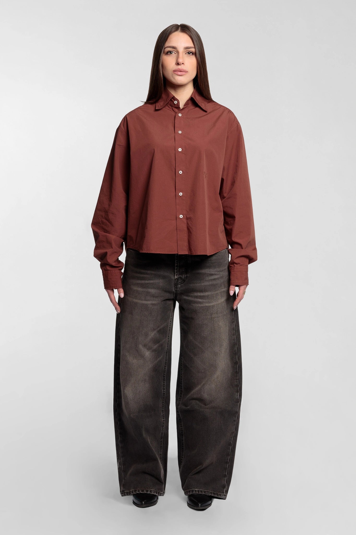 Brown Cropped Cotton Shirt