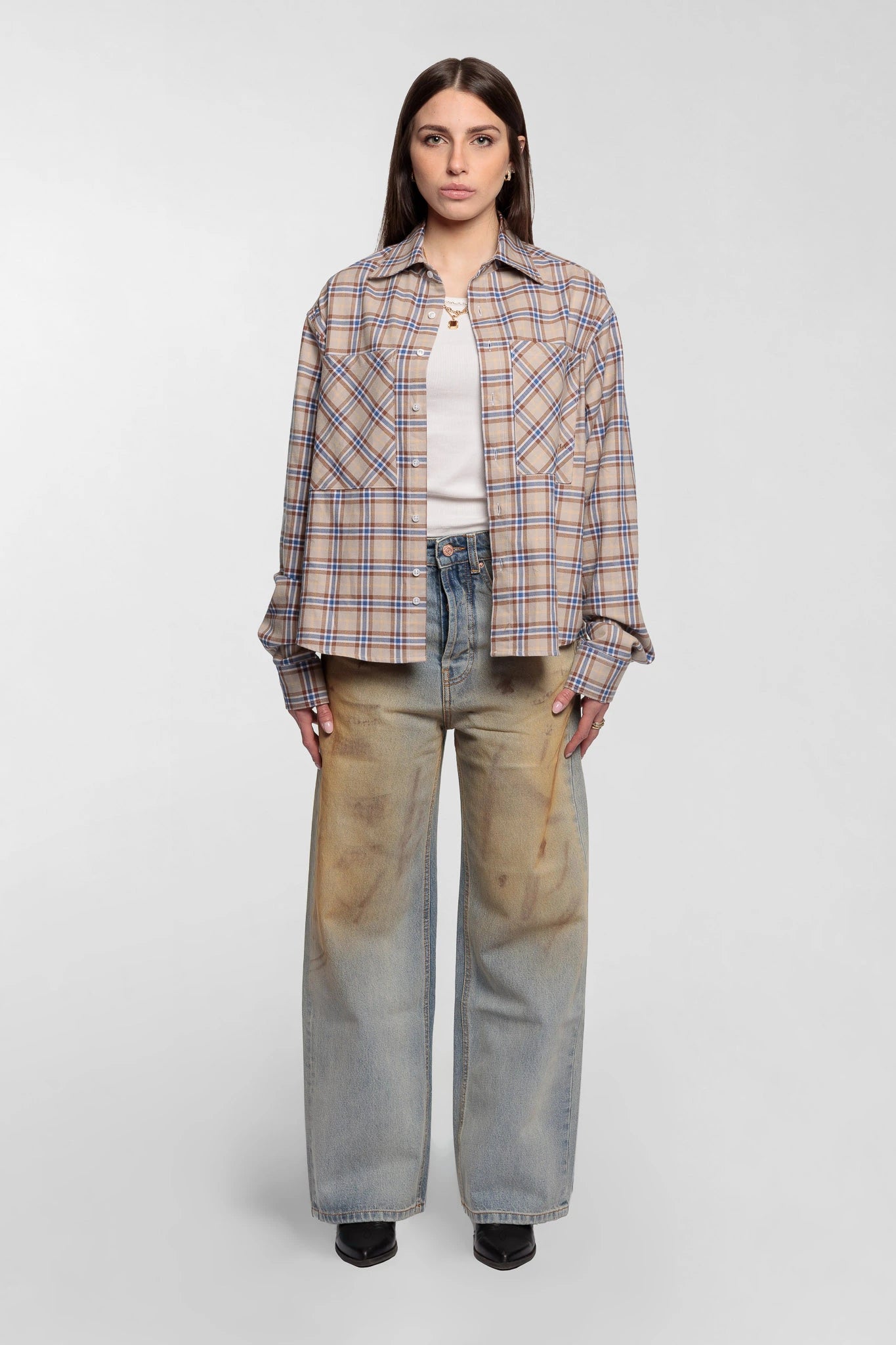 Beige Cropped Check Shirt