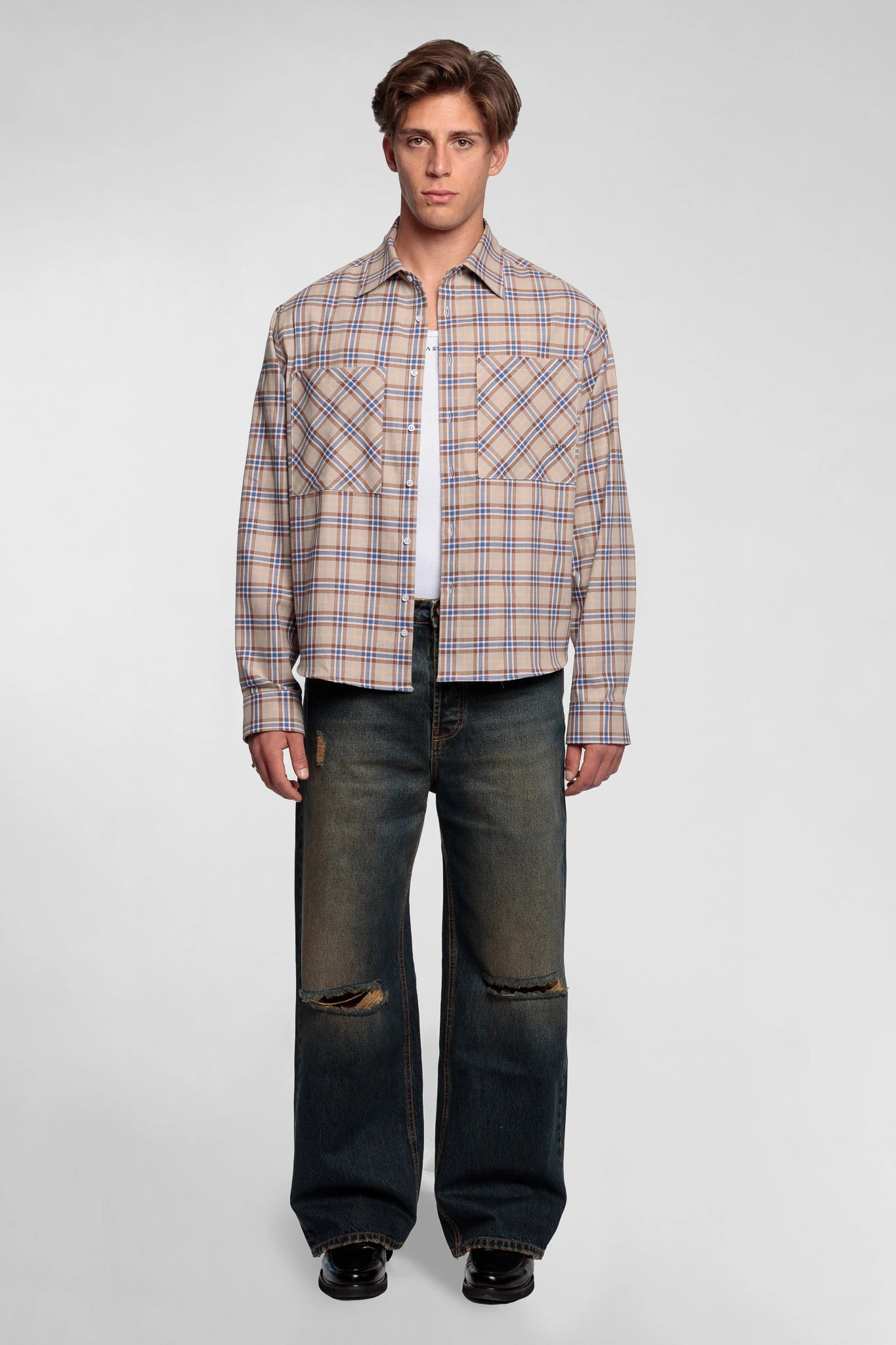 Beige Cropped Check Shirt